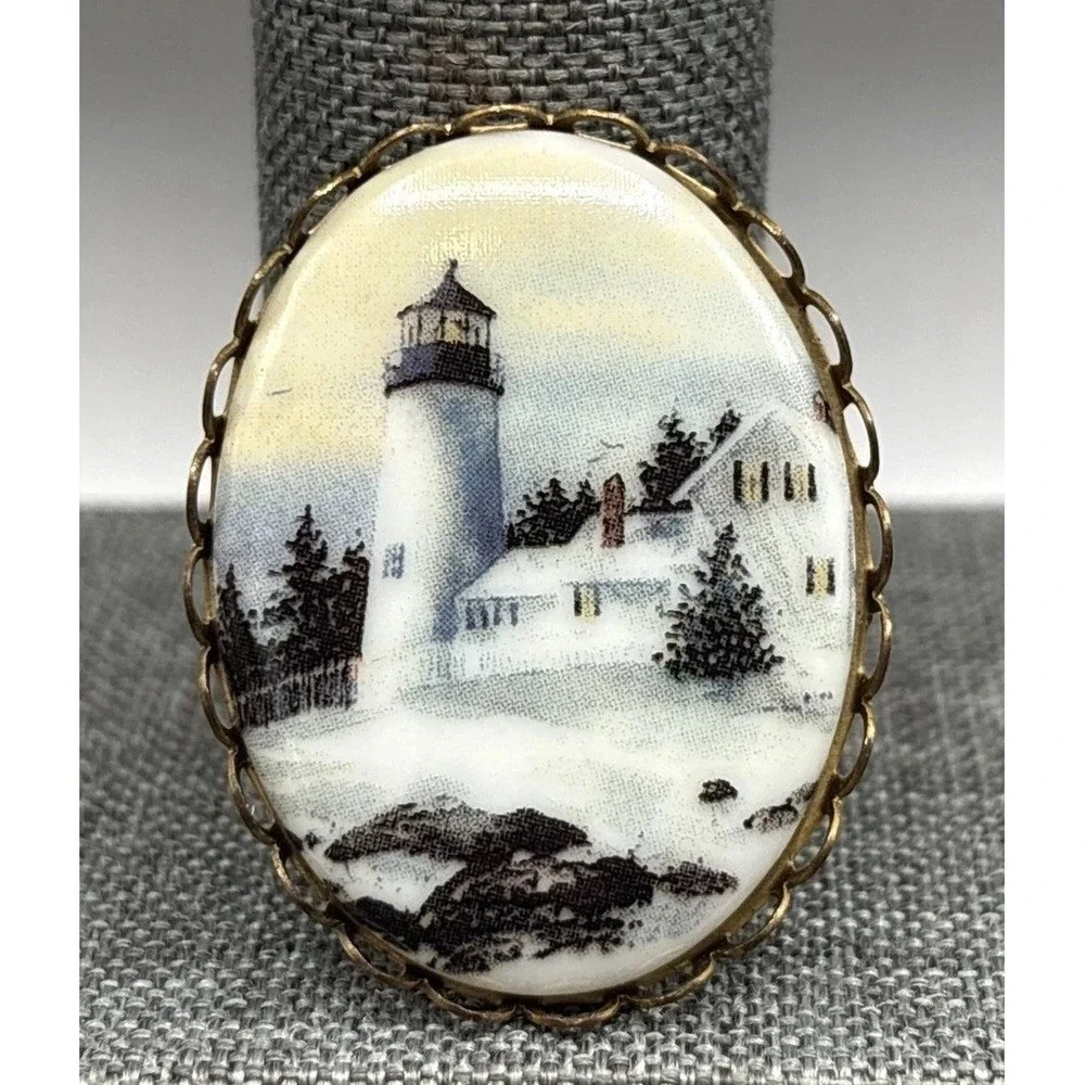 Vintage Winter Lighthouse in Snow Landscape Brooch Pin Gold Tone